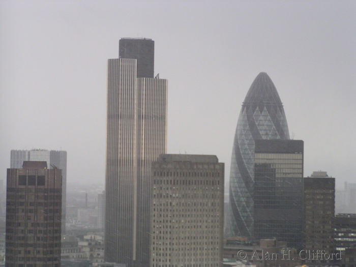 Tower 42 and 30 St. Mary Axe, the Gherkin, seen from St. Paul&rsquo;s Cathedral